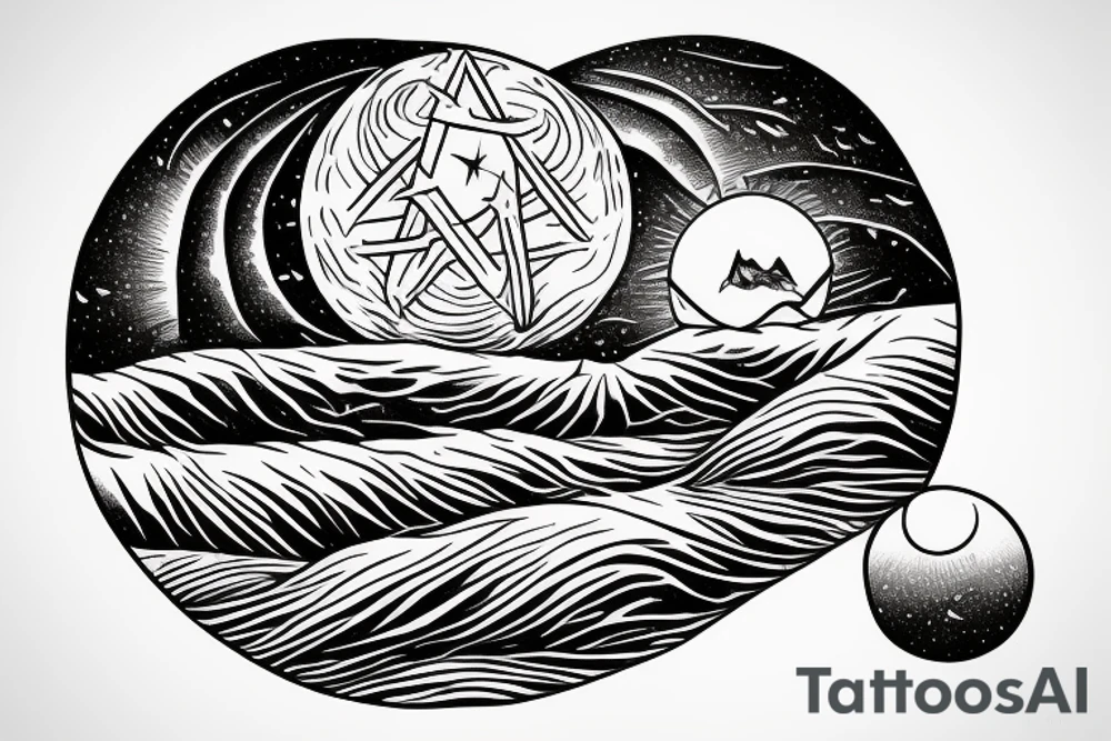 The back of a hooded figure standing atop a sand dune in the desert with two moons hanging in the sky. Something from the book Dune. tattoo idea
