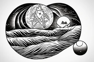 The back of a hooded figure standing atop a sand dune in the desert with two moons hanging in the sky. Something from the book Dune. tattoo idea