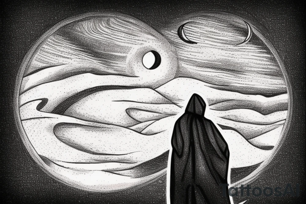 The back of a hooded figure standing atop a sand dune in the desert with two moons hanging in the sky. Something from the book Dune. tattoo idea
