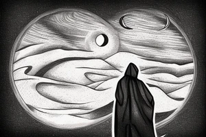 The back of a hooded figure standing atop a sand dune in the desert with two moons hanging in the sky. Something from the book Dune. tattoo idea