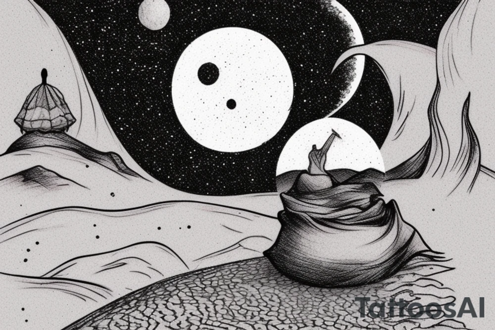 The back of a hooded figure standing atop a sand dune in the desert with two moons hanging in the sky. Something from the book Dune. tattoo idea