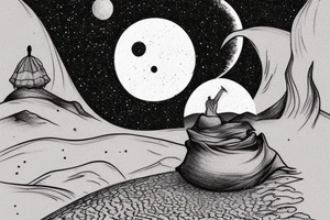 The back of a hooded figure standing atop a sand dune in the desert with two moons hanging in the sky. Something from the book Dune. tattoo idea