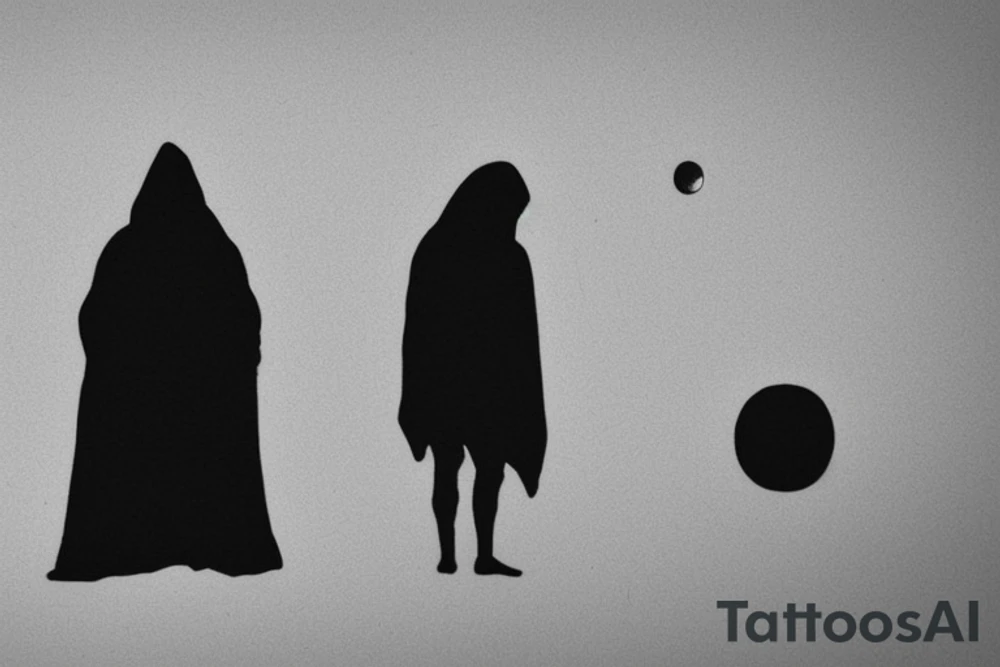 A hooded figure of a man standing atop a sand dune in the desert with two moons hanging in the sky. Something from the book Dune. tattoo idea