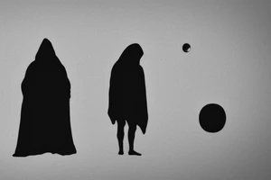 A hooded figure of a man standing atop a sand dune in the desert with two moons hanging in the sky. Something from the book Dune. tattoo idea