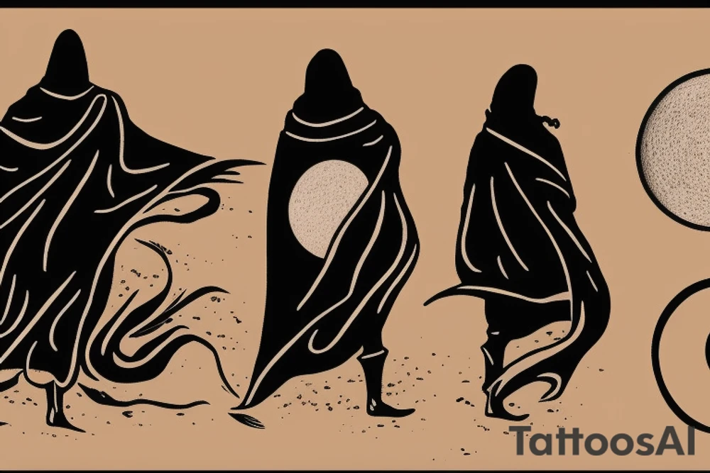 A hooded figure of a man standing atop a sand dune in the desert with two moons hanging in the sky. Something from the book Dune. tattoo idea