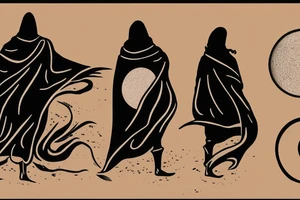A hooded figure of a man standing atop a sand dune in the desert with two moons hanging in the sky. Something from the book Dune. tattoo idea