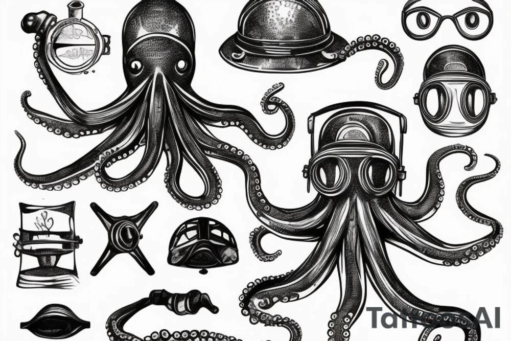An octopus wearing an antique diving helmet tattoo idea