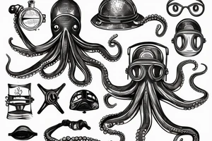 An octopus wearing an antique diving helmet tattoo idea