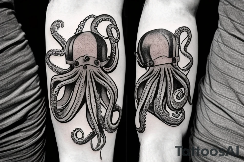 An octopus wearing an antique diving helmet tattoo idea