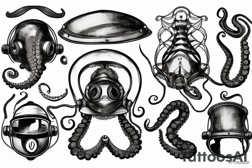 An octopus wearing an antique diving helmet tattoo idea