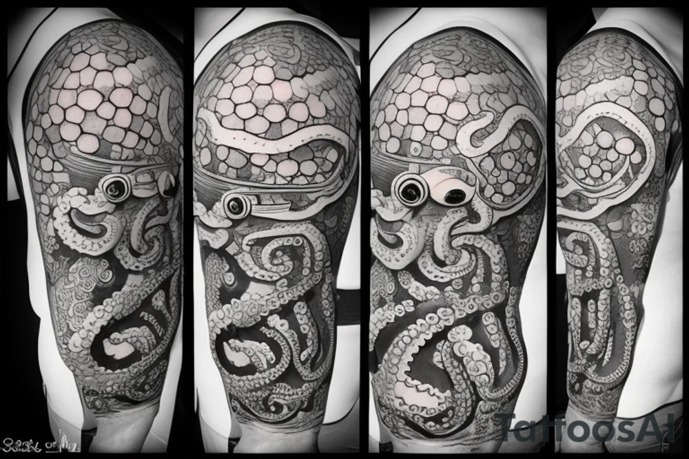 An octopus wearing an antique diving helmet tattoo idea