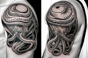 An octopus wearing an antique diving helmet tattoo idea