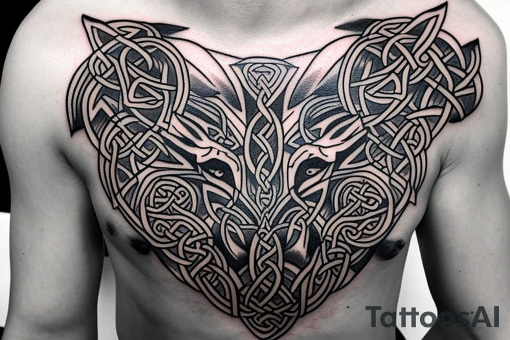 Celtic/nordic wolf over the shoulder chest tattoo idea