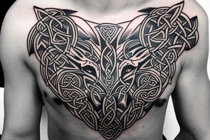 Celtic/nordic wolf over the shoulder chest tattoo idea