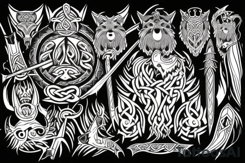 viking axe and wolf starting from the back and coming over the shoulder to the chest tattoo idea