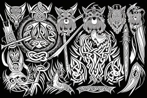 viking axe and wolf starting from the back and coming over the shoulder to the chest tattoo idea