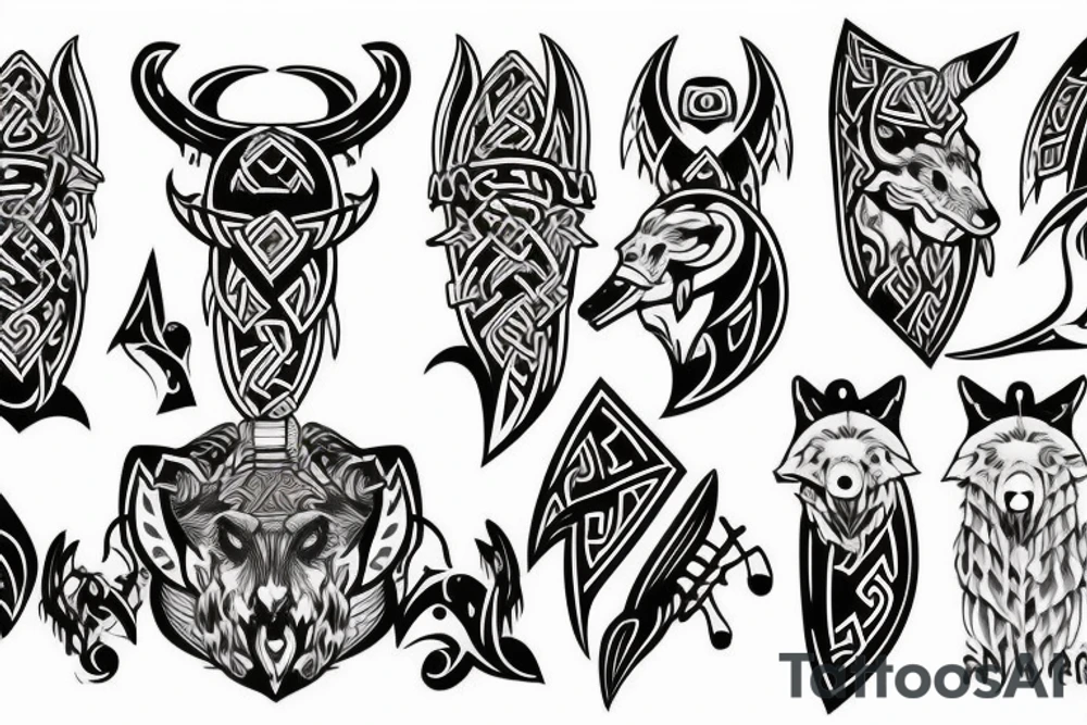 viking axe and wolf starting from the back and coming over the shoulder to the chest tattoo idea