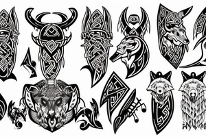 viking axe and wolf starting from the back and coming over the shoulder to the chest tattoo idea