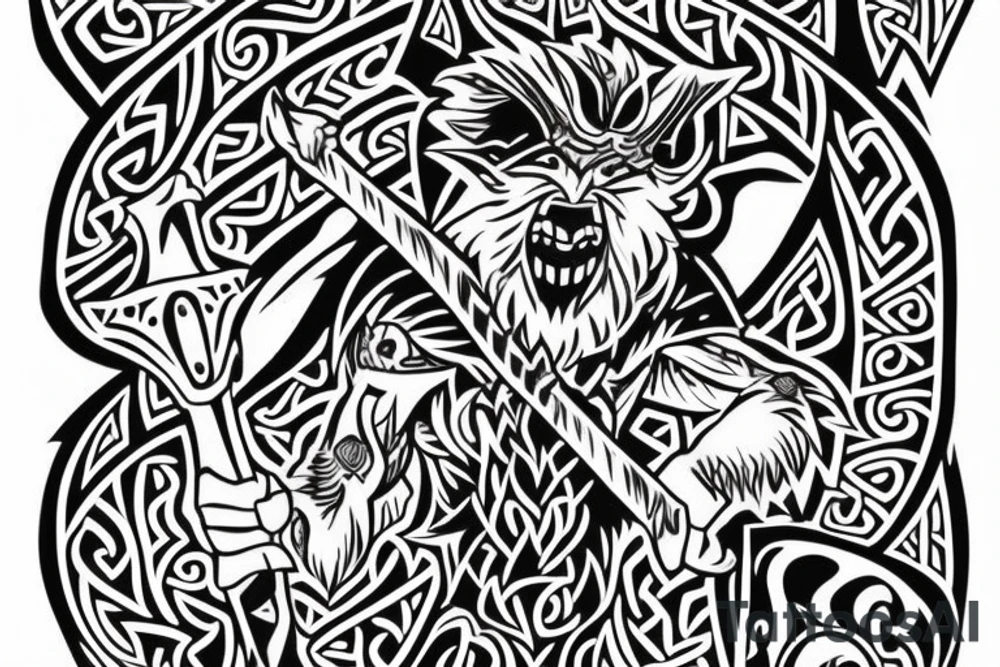 viking werewolf holding an axe starting from the back and coming over the shoulder to the chest tattoo idea