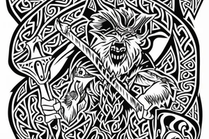 viking werewolf holding an axe starting from the back and coming over the shoulder to the chest tattoo idea