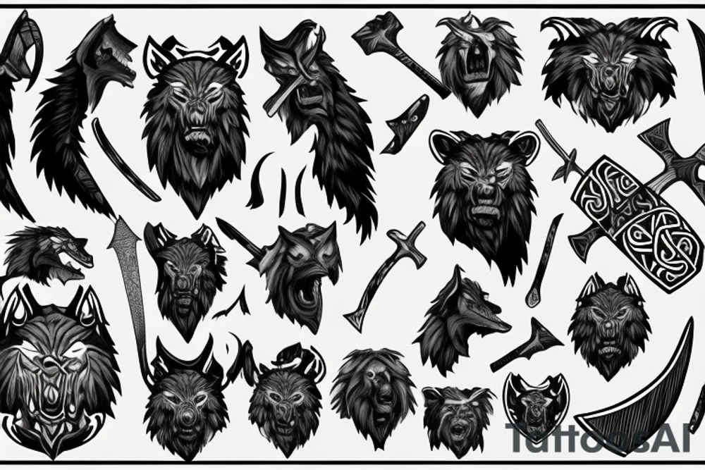 viking werewolf holding an axe starting from the back and coming over the shoulder to the chest tattoo idea