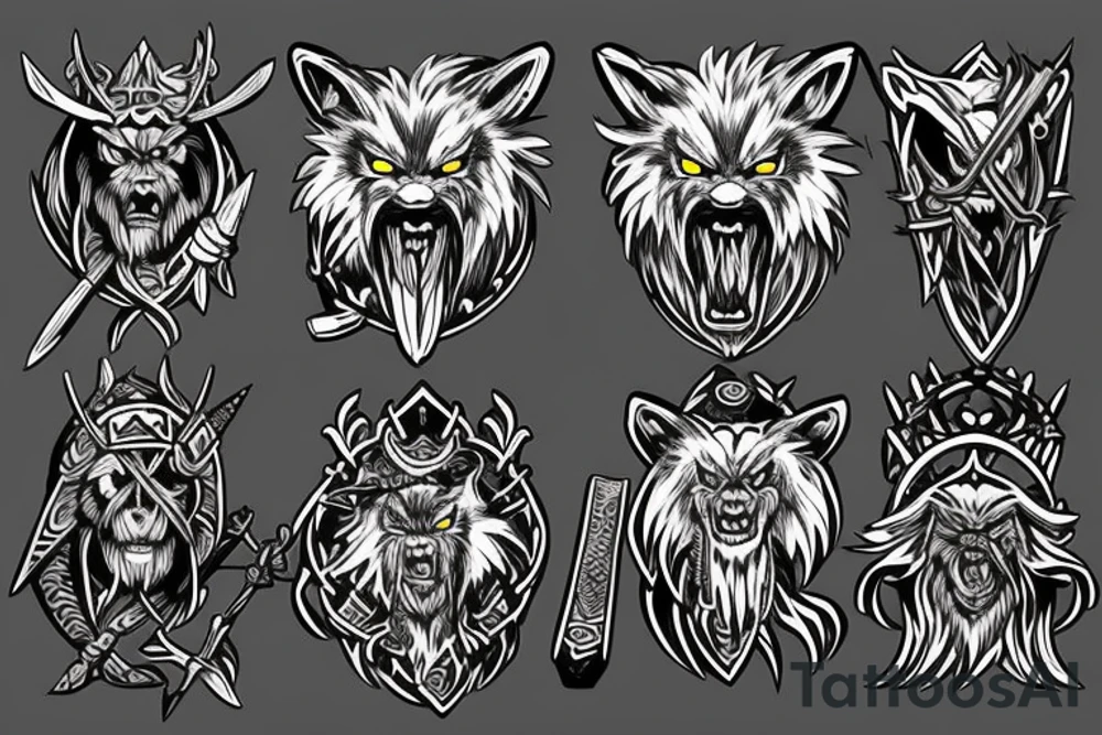 viking werewolf holding a battle axe and war hammer tattoo idea