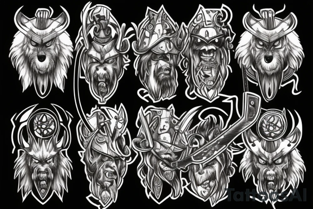 viking werewolf holding a battle axe and war hammer tattoo idea
