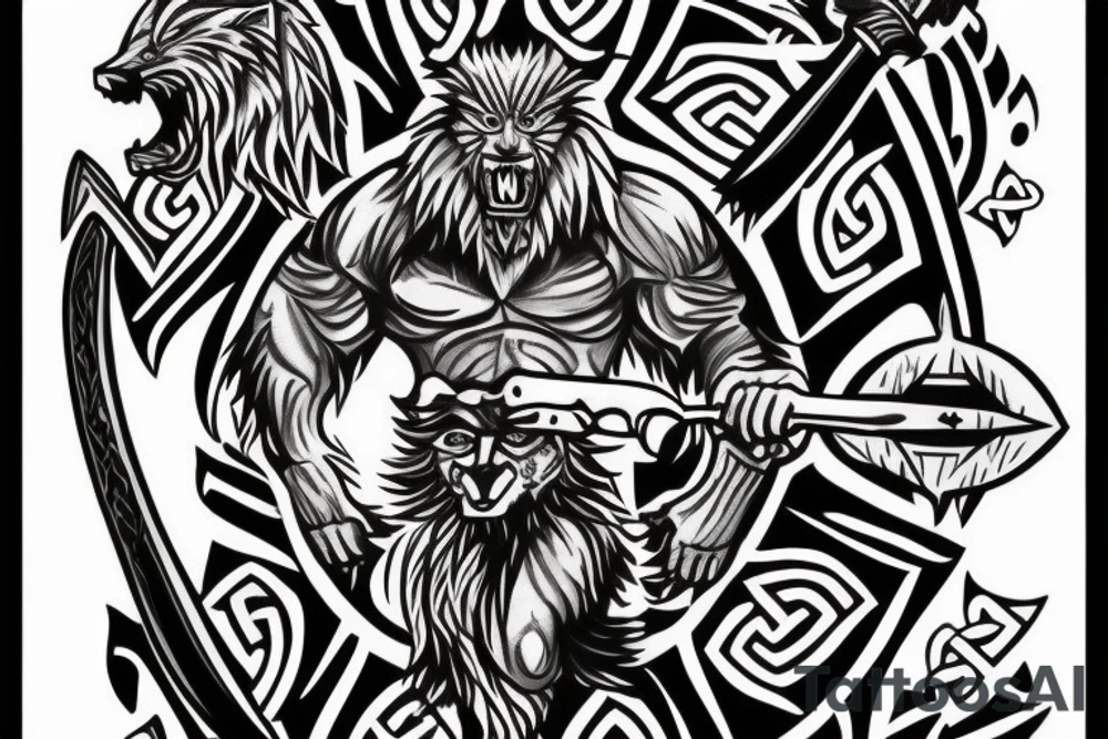 celtic werewolf holding a battle axe and war hammer tattoo idea