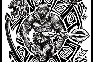 celtic werewolf holding a battle axe and war hammer tattoo idea