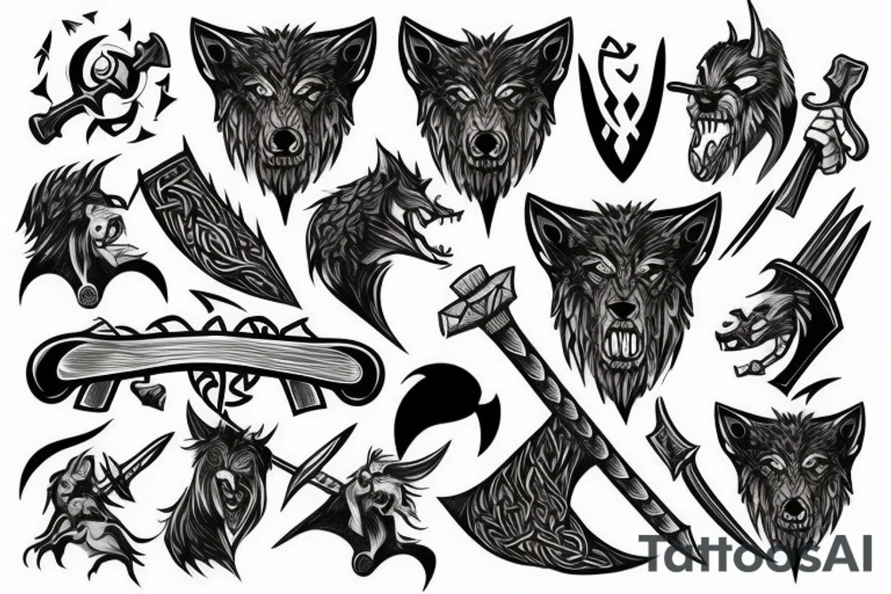 celtic werewolf holding a battle axe and war hammer tattoo idea