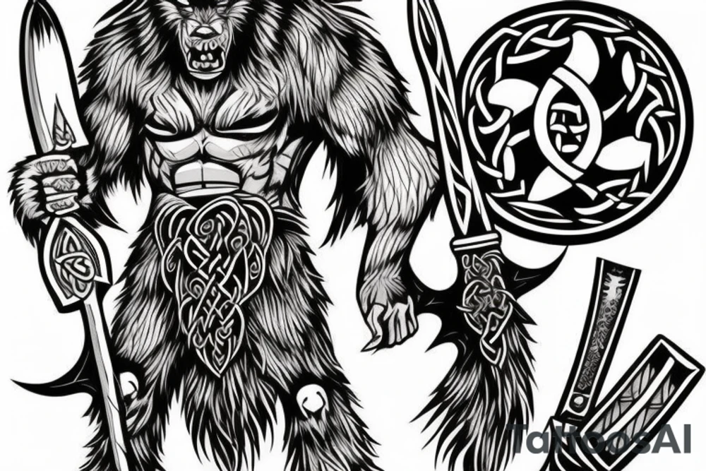celtic werewolf holding a battle axe and war hammer tattoo idea