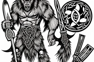 celtic werewolf holding a battle axe and war hammer tattoo idea
