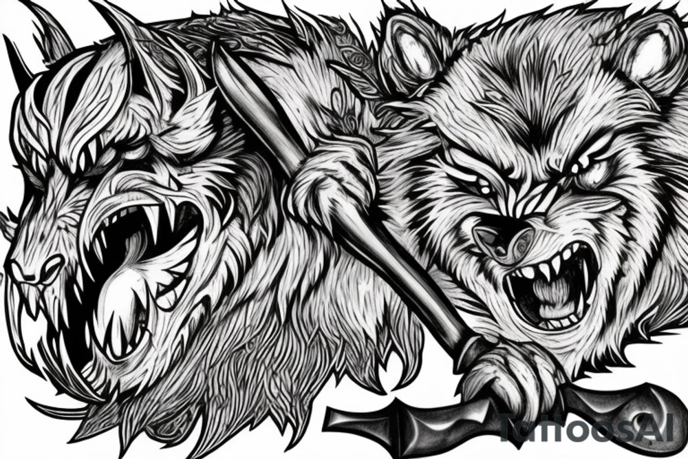 celtic werewolf holding a battle axe and war hammer tattoo idea