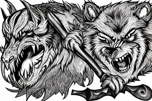 celtic werewolf holding a battle axe and war hammer tattoo idea