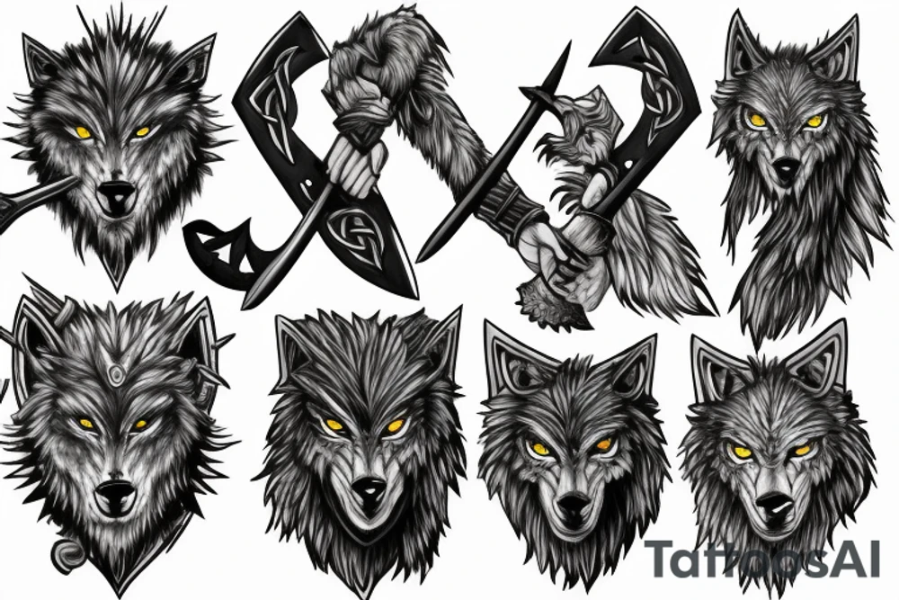 celtic werewolf holding a battle axe and war hammer tattoo idea