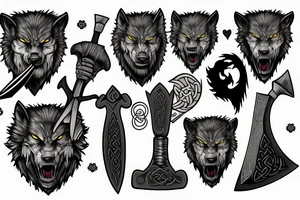 celtic werewolf holding a battle axe and war hammer tattoo idea