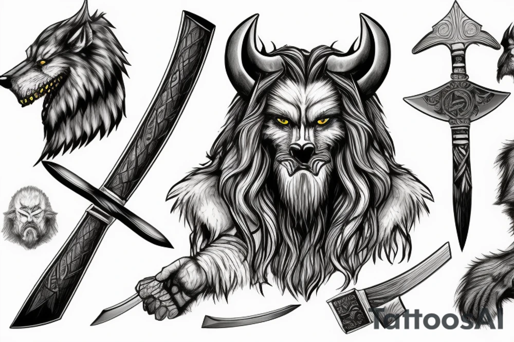 viking werewolf holding a battle axe and war hammer tattoo idea
