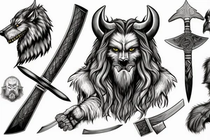 viking werewolf holding a battle axe and war hammer tattoo idea
