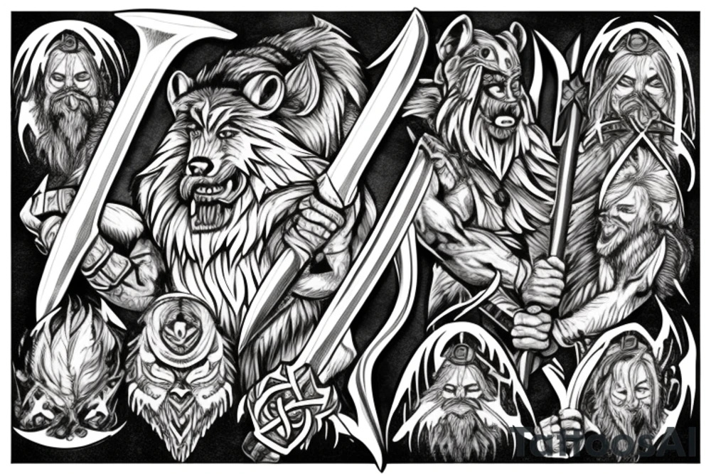 viking werewolf holding a battle axe and war hammer tattoo idea