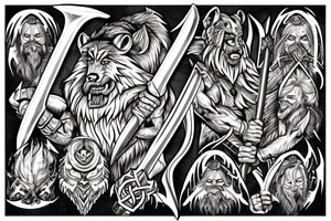 viking werewolf holding a battle axe and war hammer tattoo idea