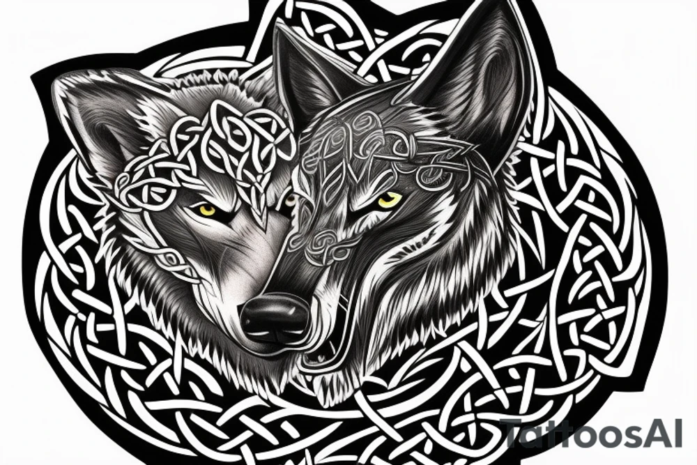 celtic and nordic blended wolf shoulder and chest tattoo idea