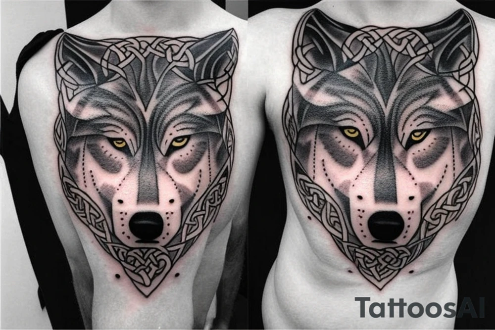celtic and nordic blended wolf shoulder and chest tattoo idea