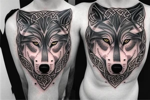 celtic and nordic blended wolf shoulder and chest tattoo idea