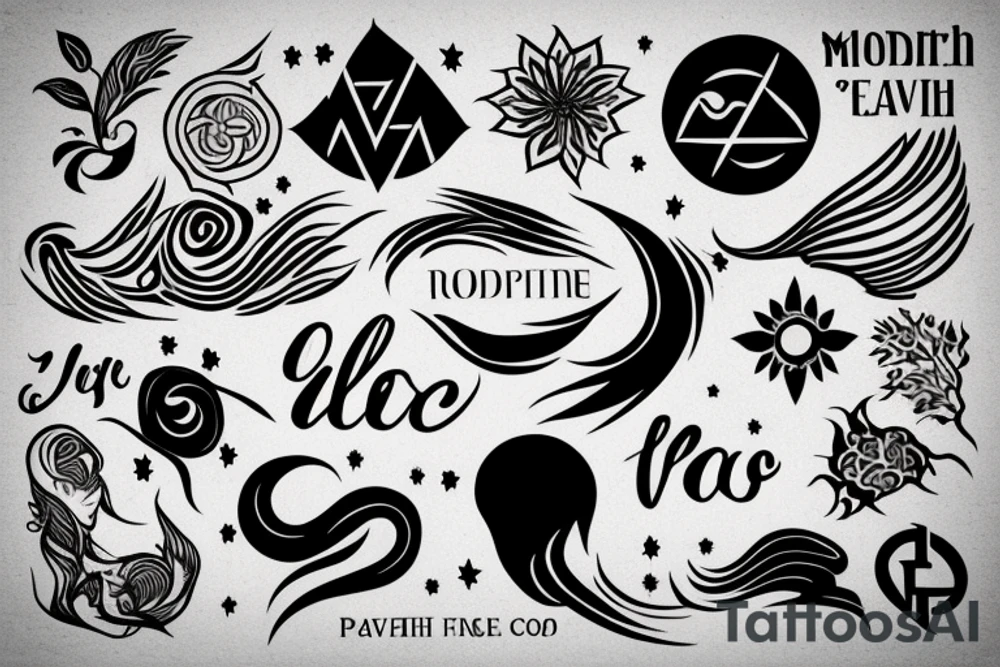 Represent: motherhood, travel, the four elements (wind, water, fire, earth), freedom, skydiving, loving life. Make it softer and more feminine. tattoo idea