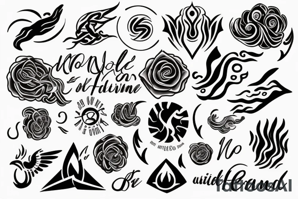 Represent: motherhood, travel, the four elements (wind, water, fire, earth), freedom, skydiving, loving life. Make it softer and more feminine. tattoo idea