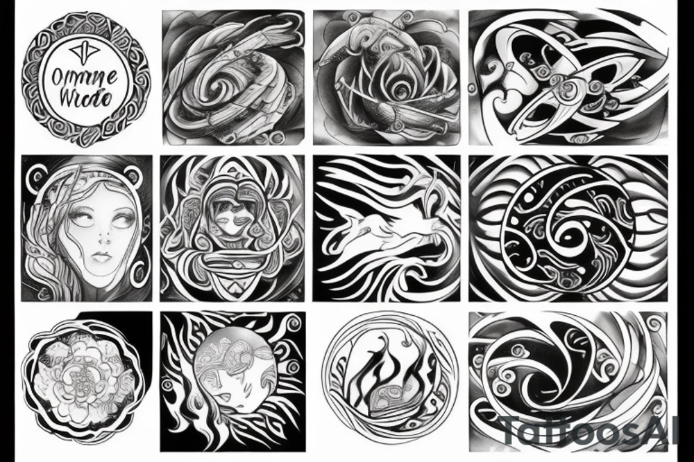 One big tatto that in one image represents motherhood, travel, the four elements (wind, water, fire, earth), freedom. Make it softer and more feminine. tattoo idea