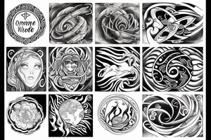 One big tatto that in one image represents motherhood, travel, the four elements (wind, water, fire, earth), freedom. Make it softer and more feminine. tattoo idea