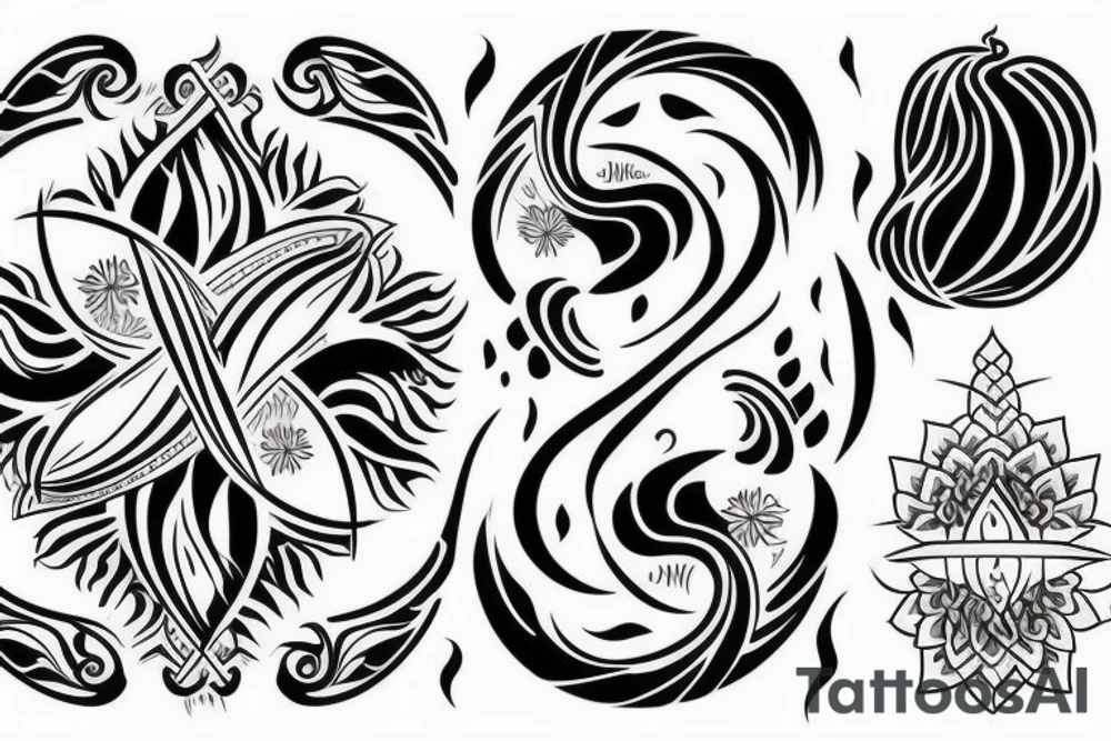 One big tatto that in one image represents motherhood, travel, the four elements (wind, water, fire, earth), freedom. Make it softer and more feminine. tattoo idea