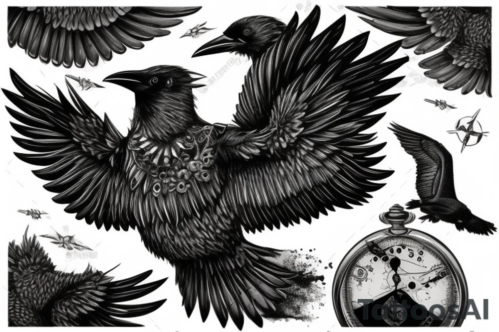 Black nordic style raven flying with a pocket watch in its beak, and mystic type smoke coming from the wings. tattoo idea