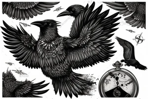 Black nordic style raven flying with a pocket watch in its beak, and mystic type smoke coming from the wings. tattoo idea